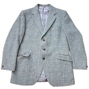 Harris Tweed Dunn & Co Mens Grey Blue Plaid Wool Blazer Sport Coat Vintage 44R